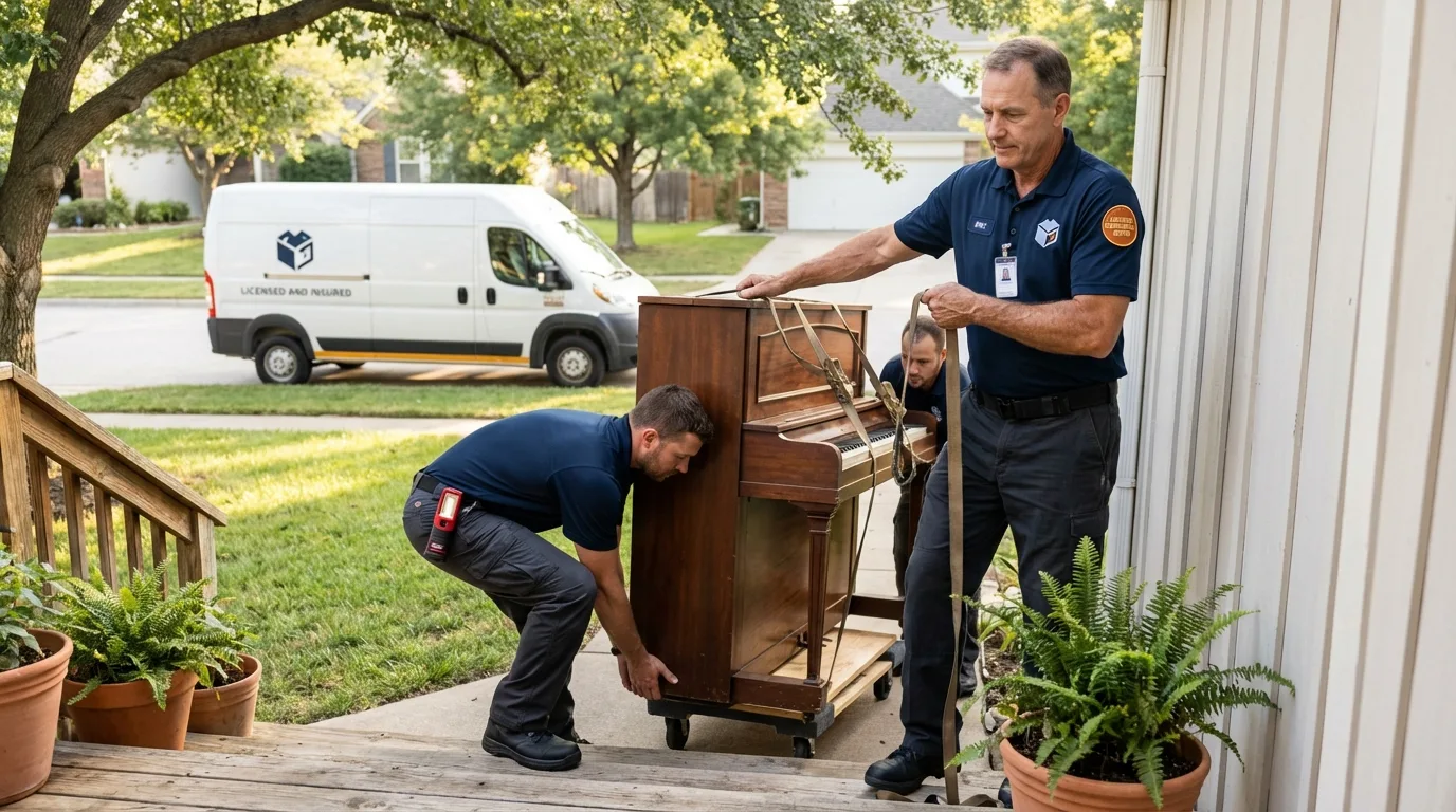 Licensed piano movers securing grand piano in Meriden, CT