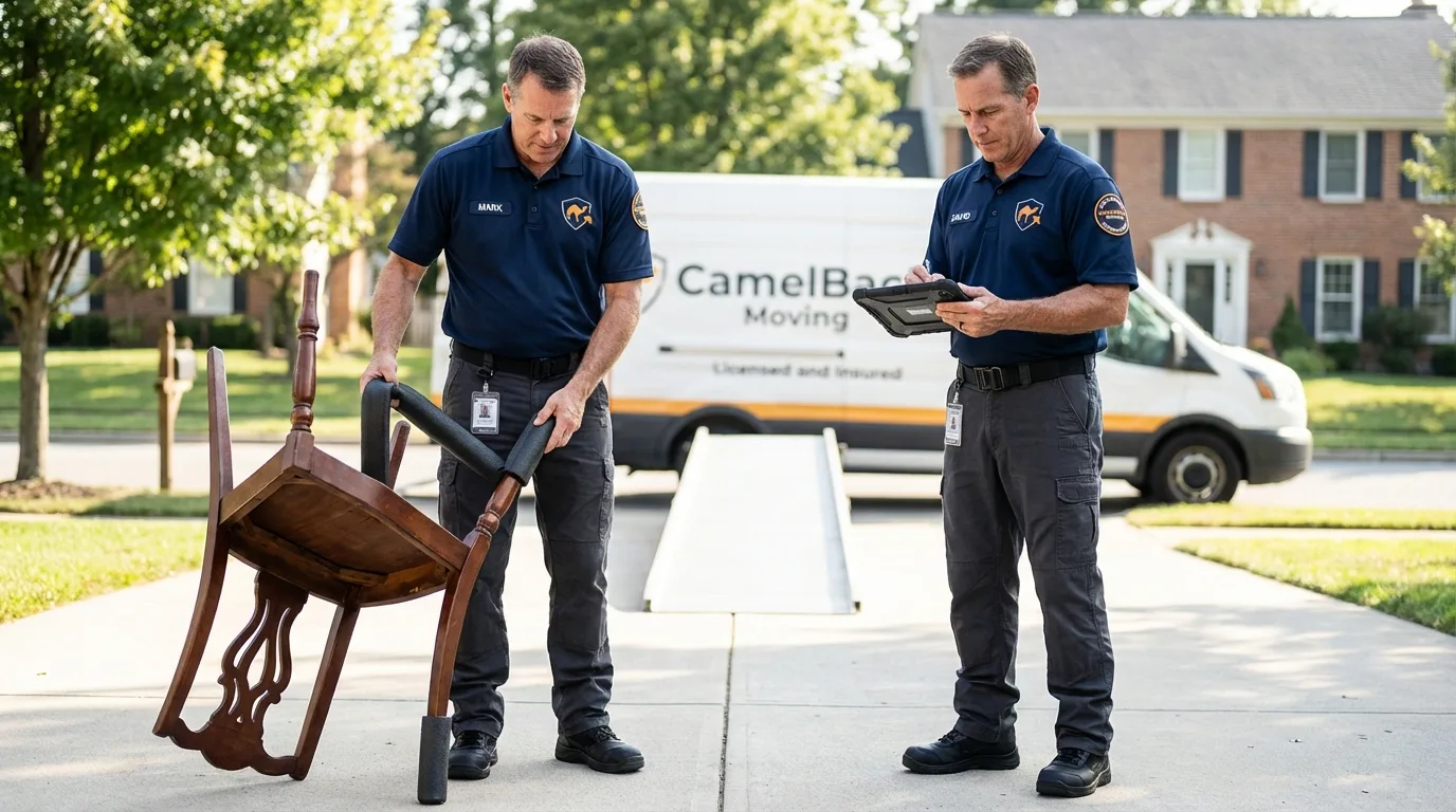 Movers inspecting furniture for damage prevention before loading in Meriden, CT